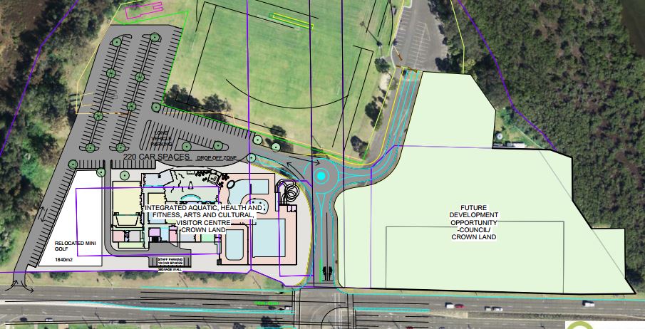 Council's plans for a new aquatic and cultural centre for Batemans Bay, adjoining the old Batemans Bay Bowling Club site earmarked for future development. Photo: Eurobodalla Shire Council.