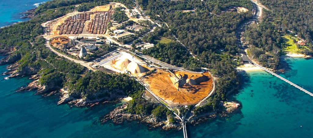 The Eden Woodchip Mill on the southern shores of Twofold Bay. Photo: Allied Natural Wood Exports.