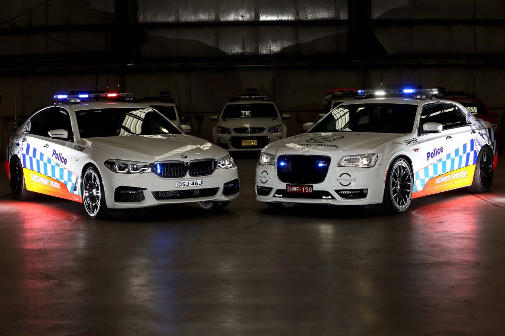 The BMW 530d and Chrysler 300c SRT Core will replace Ford and Holden as NSW Highway Patrol Vehicles. Photo: NSW Police.