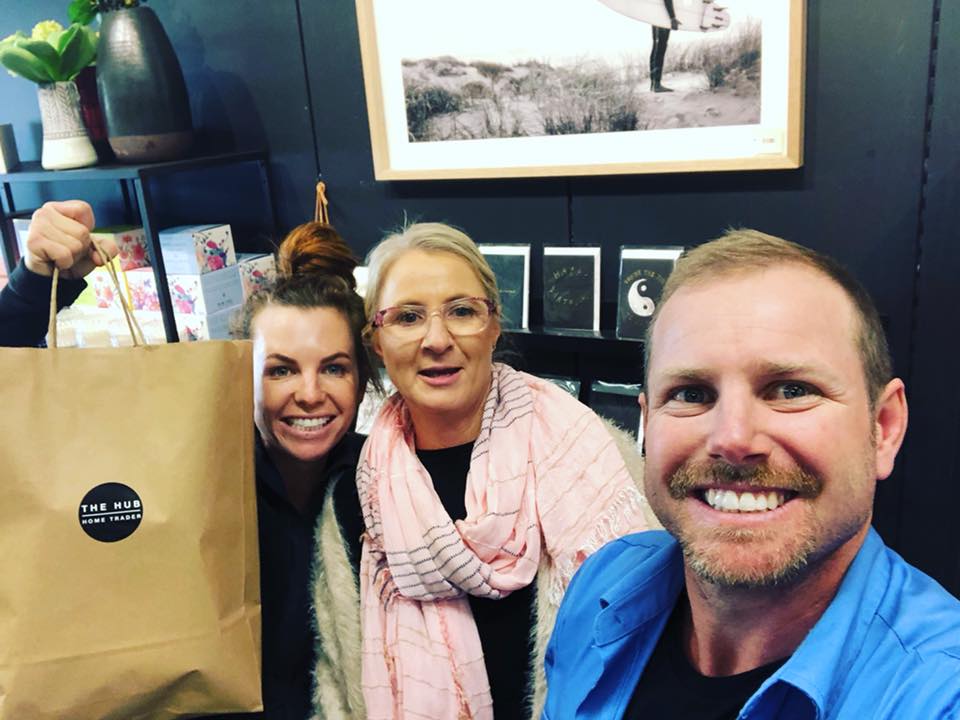 Mel and Dave from House Rules shopping at The Hub in Bega with shop assistant Mel McGrath. Photo: The Hub Facebook.