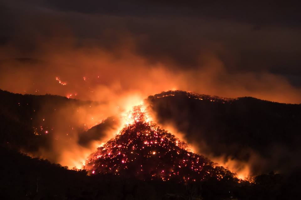 Bemboka Peak burning at 1am on August 21. Photo Helmut Eder.