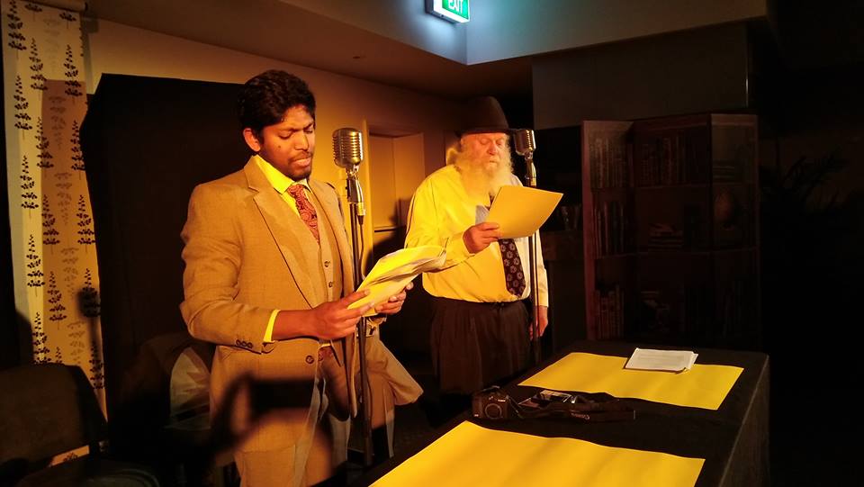 Tarun Penukonda and Jonathan Bignell on stage in Hitchcock: A Live Radio Play. Photo: Supplied.