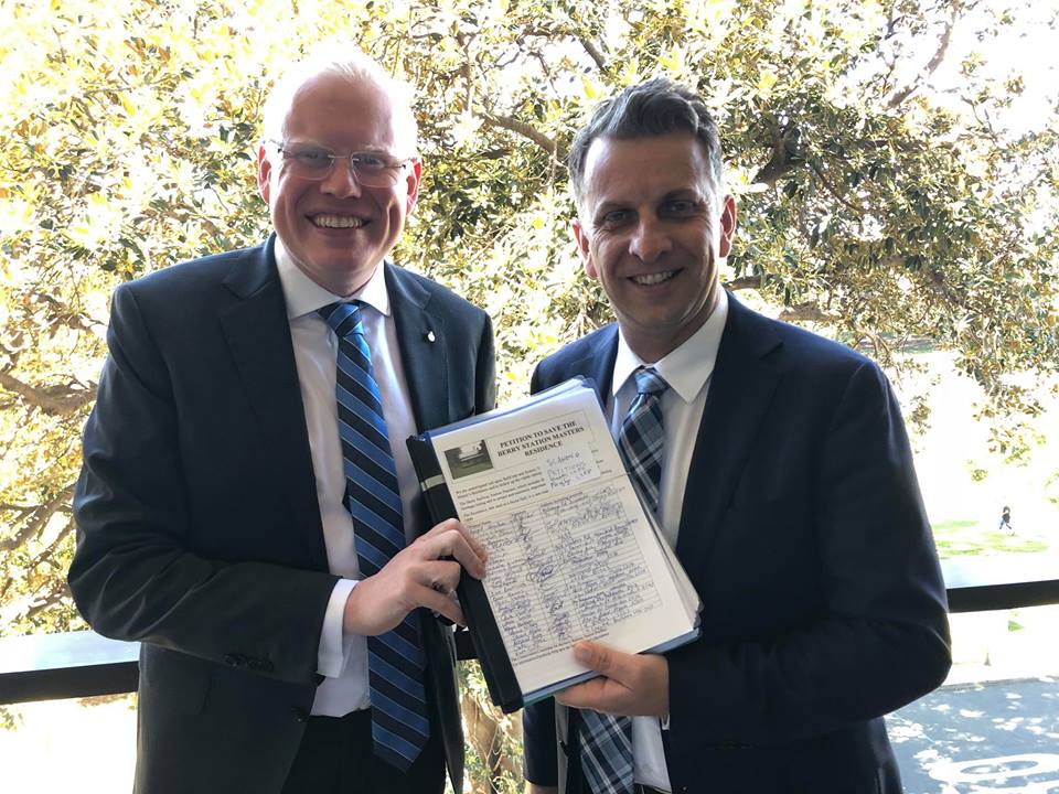 Member for Kiama, Gareth Ward and Member for Bega, Andrew Constance in August with a petition concerning the future of the Berry Station Masters residence. Photo: Gareth Ward Facebook.