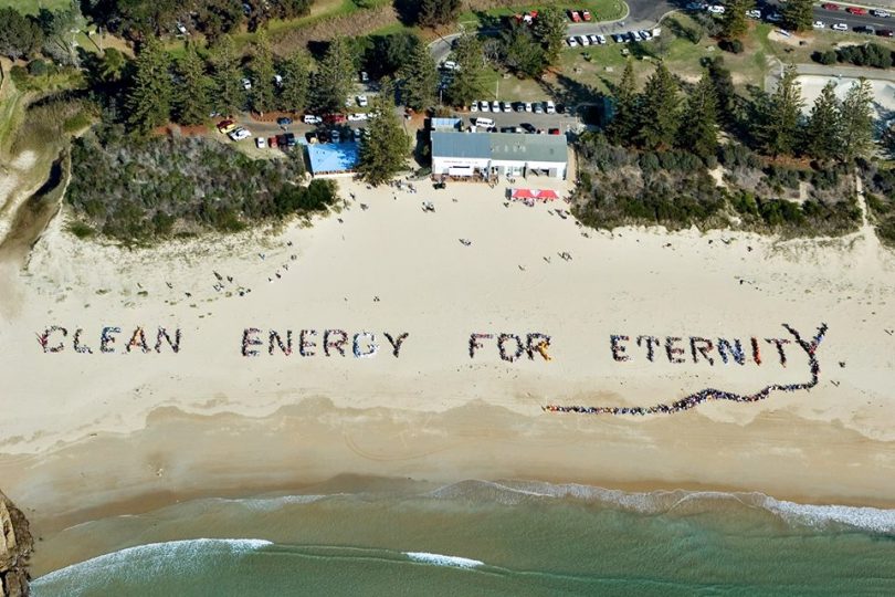 The 2006 human sign on Tathra Beach. Photo: Clean Energy for Eternity.