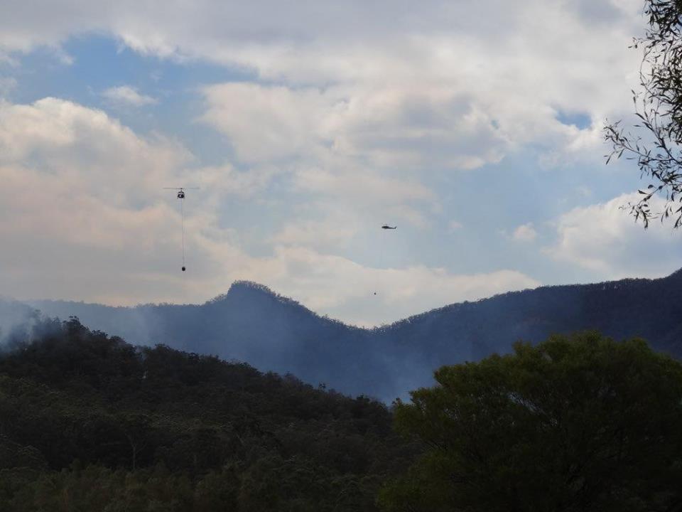 The skies between Bega, Bemboka and Brogo are busy woth water-bombing helicopters. Photo: Hayley Stephen Facebook.