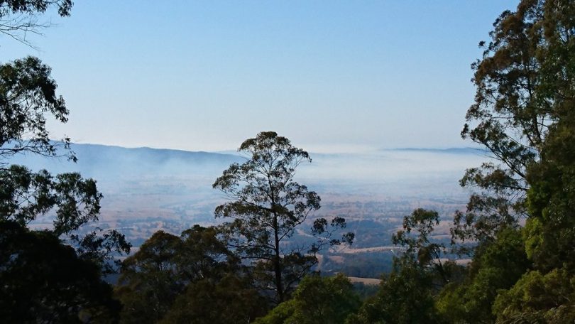 Smoke from the vast Yankee Gay Fire west of Bega hangs over the Bega Valley. Photo: Rachel Helmreich.