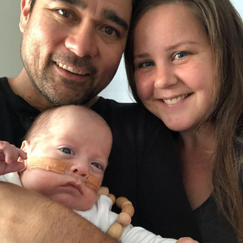 Heemi and Jemma pictured with little Latrell late last week after bringing him home from hospital for the first time. Photo: Facebook.