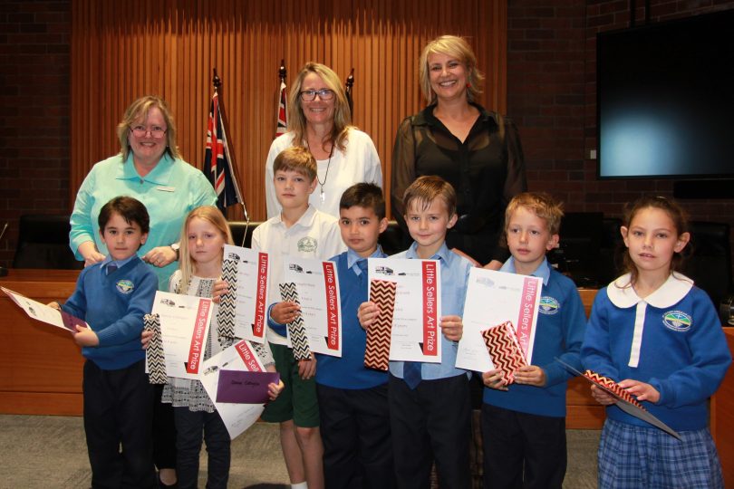 The five to eight-year old finalists in the Little Sellers Arts Prize 2018 with Mayor Liz Innes, Council’s director of community arts and recreation Kathy Arthur, and creative arts development coordinator Indi Carmichael. Photo: Supplied.
