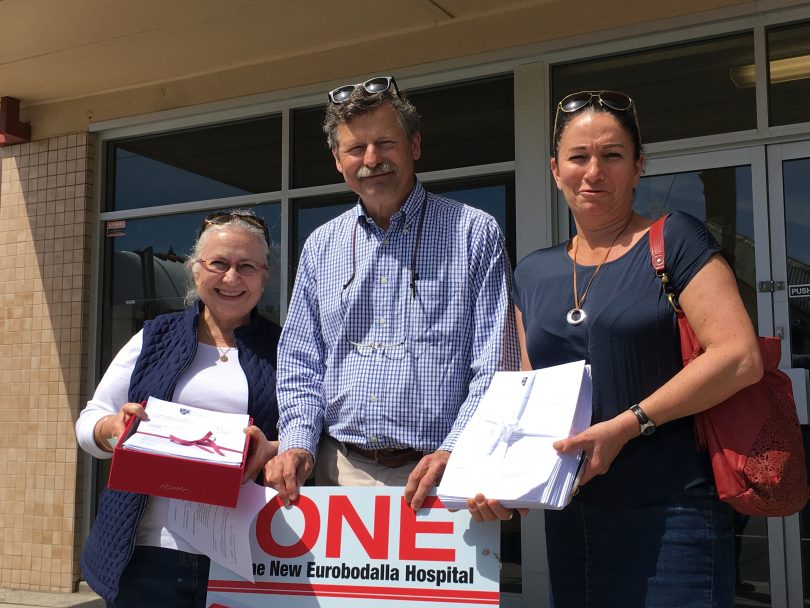 Mylene and Fitzroy Boulting and Georgie Rowley delivering the One Eurobodalla Hospital petition to he Bega office of Andrew Constance. Photo: Ian Campbell.