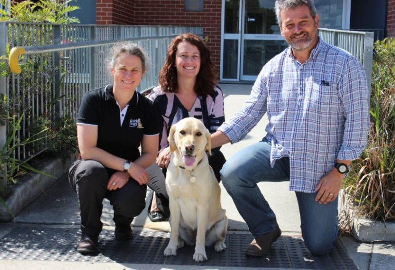 Felicity Gates from Guide Dogs NSW & ACT, Jessica Harris and Mark Freedman from Bega High School, and Felica. Photo: Ian Campbell.