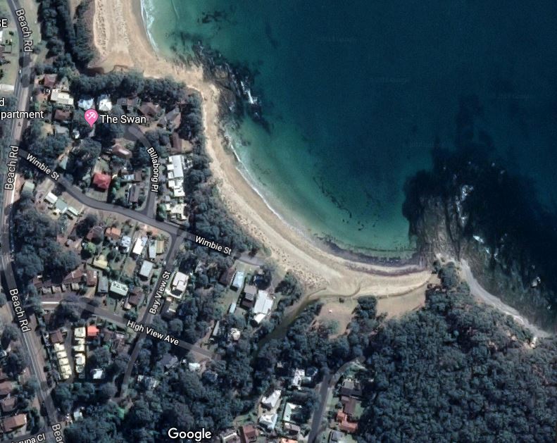 Wimbie Creek flows out on on to Wimbie Beach, just south of Batemans Bay. Photo: Google Maps.