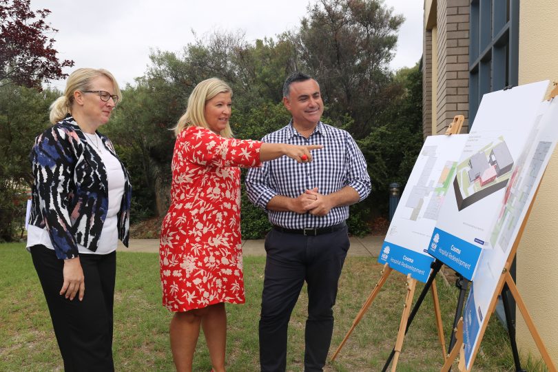 Southern NSW Local Health District Cluster General Manager Nicola Yates, Parliamentary Secretary for Southern NSW Bronnie Taylor MLC and Member for Monaro John Barilaro inspecting plans for the Cooma Hospital redevelopment. Photo: Supplied.