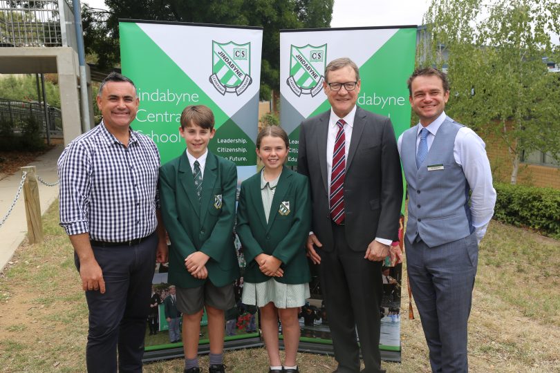 The Member for Monaro John Barilaro joined Jindabyne Central School Junior Captains, SMRC Mayor John Rooney and JCS Principal Felix Bachmann to announce Jindabyne’s new joint school and community library. Photo: Supplied.