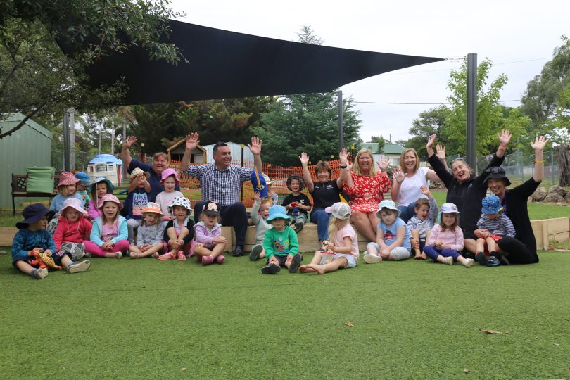 The Member for Monaro John Barilaro and Parliamentary Secretary for Southern NSW Bronnie Taylor MLC, with staff and children of Cooma North Preschool. Photo: Supplied.