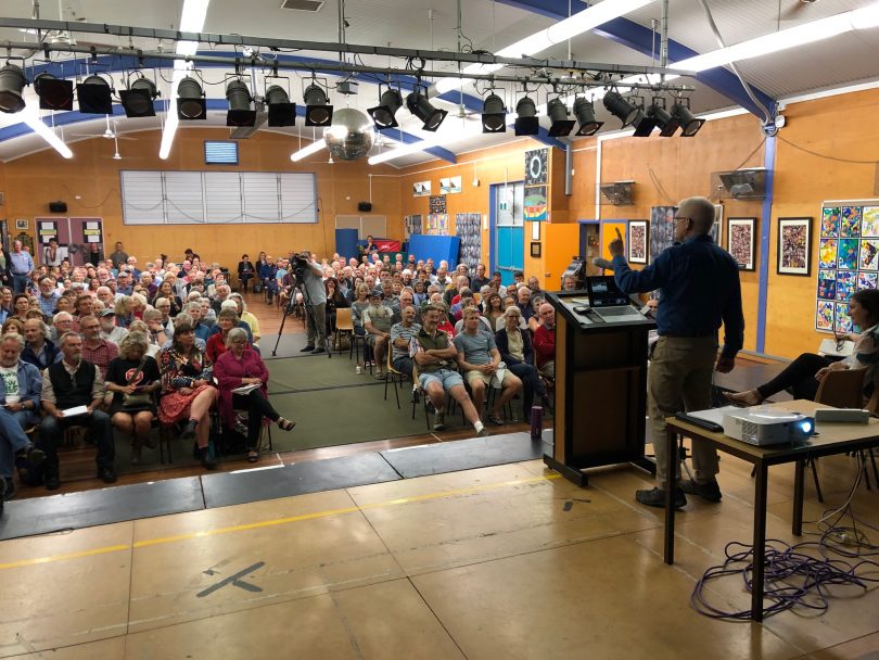 250 people packed into the Tathra Primary School hall for the meeting called by Clean Energy for Eternity. Photo: Ian Campbell.
