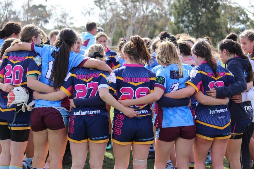 The U17 Falcons have developed an close relationship with their Wests Lionesses sisters from the A.C.T. This weekend will see these two mighty teams meet up once again at South Coast 7s in Tathra. Photo: Falcons
