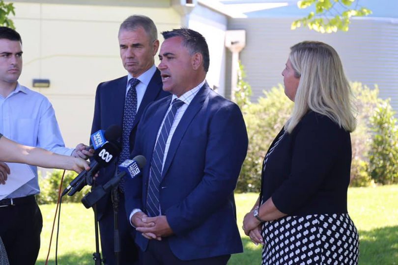 Deputy Premier and Member for Monaro John Barilaro making the announcement in Cooma that exploratory works for Snowy 2.0 have been appreved. Watching on Bronnie Taylor MLC, Parliamentary Secretary for Southern NSW and Paul Broad, Snowy Hydro Managing Director and CEO. Photo: John Barilaro Facebook.