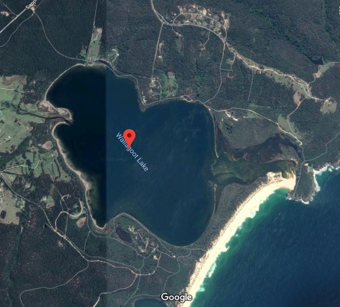 Wallagoot Lake between Tathra and Merimbula was last open to the sea in 2016. Photo: Google Maps.