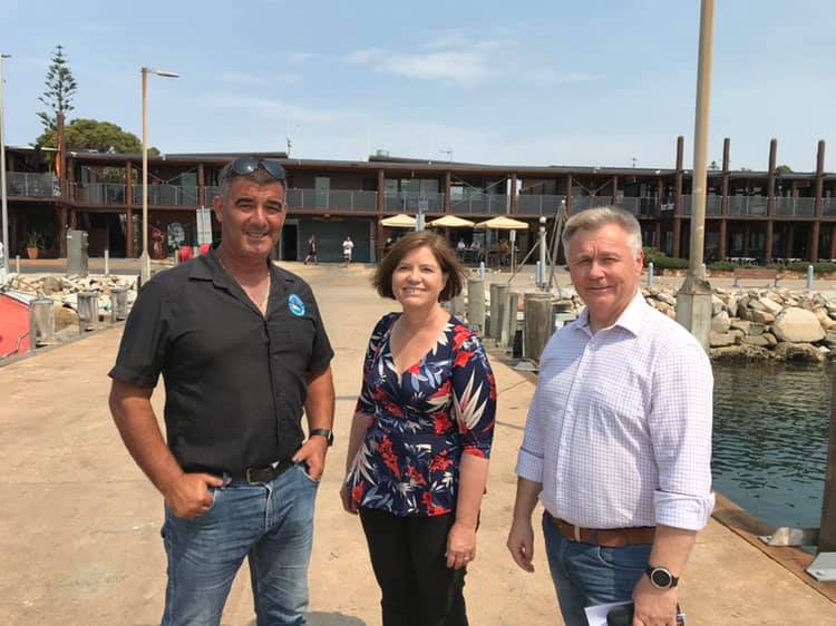 Rocky Lagana - Bermagui Fisherman’s Co-op, Country Labor candidate - Leanne Atkinsin, and Shadow Minister for Rural Affairs - Mick Veitch MLC. Photo: Leanne Atkinsin Facebook.
