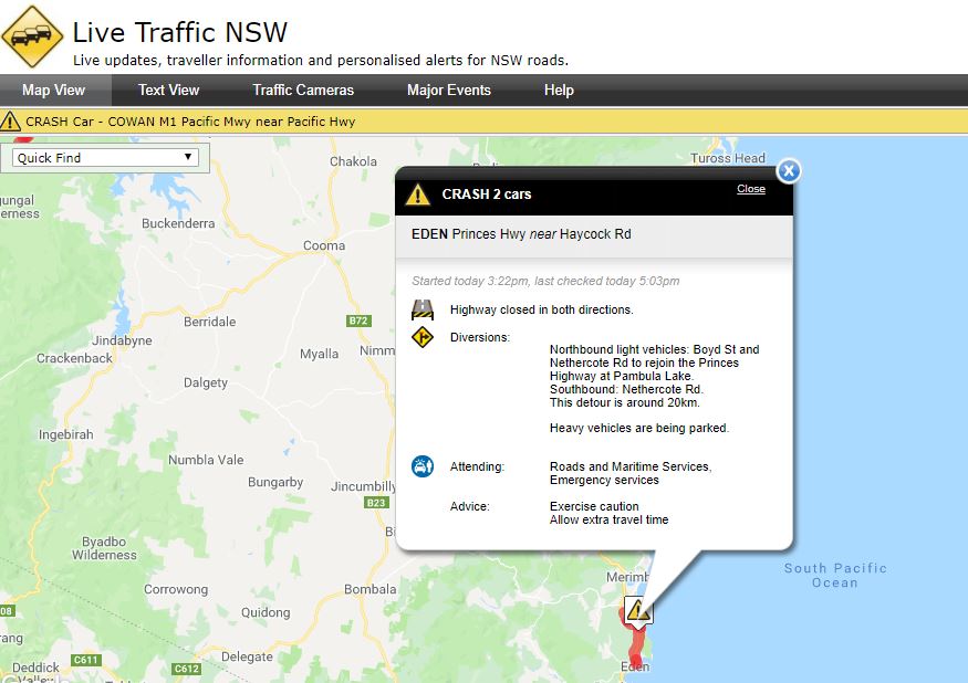 Princes Highway diversions at Eden - serious two-vehicle crash