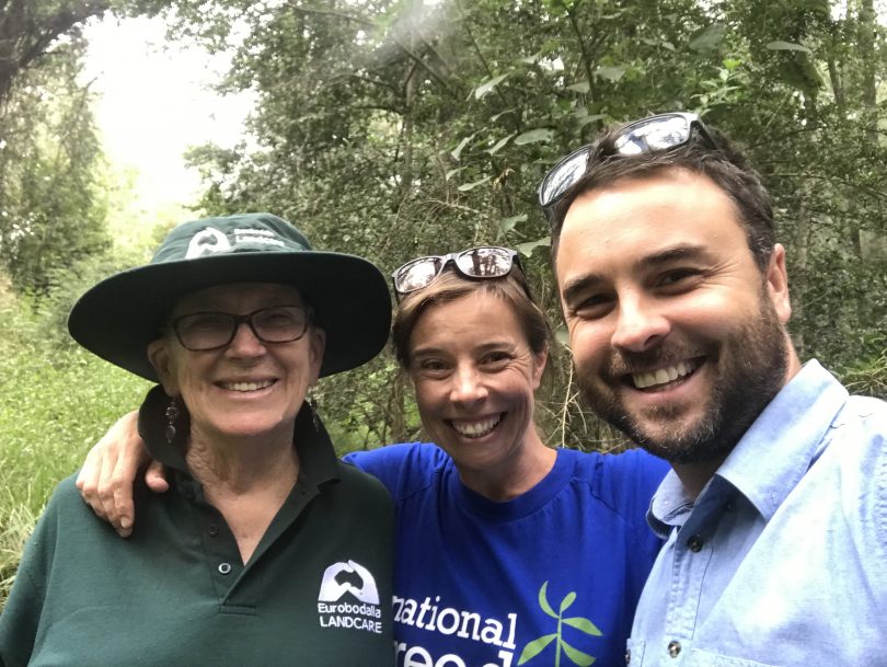 Deua Rivercare coordinator Anne Rault and Council’s Landcare coordinator Emma Patyus, with Stephen Hardy from the NSW Environmental Trust. Photo: ESC.