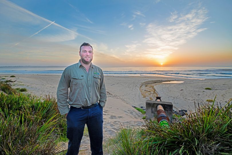 Bega Valley Shire Council’s Treatment Plant Coordinator, Jason Darcy, at the Merimbula beach-face outfall. Photo: BVSC.
