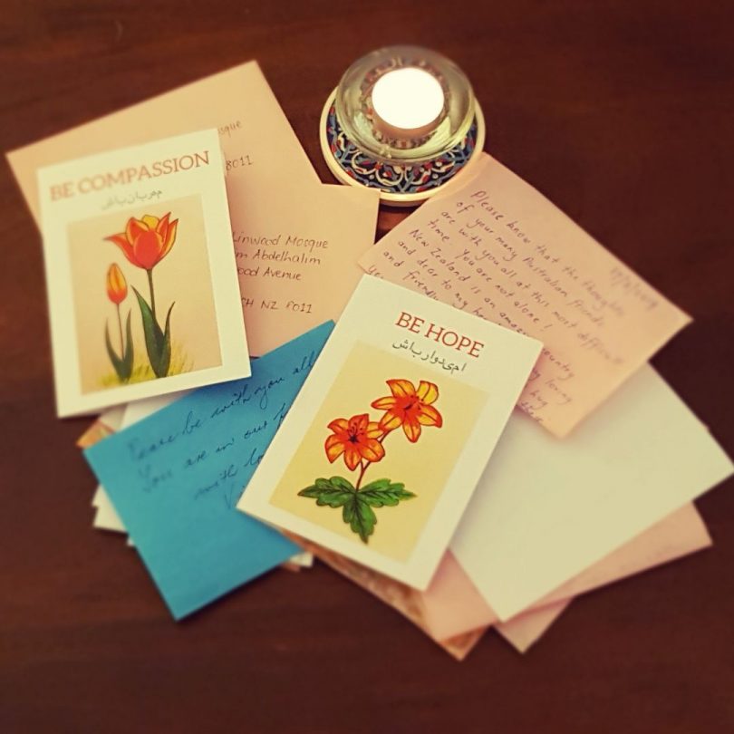 Some of the cards and notes written by Eurobodalla locals that will be sent to mosques in Christchurch directly affected by Friday's terror attacks. Photo: Bernie Richards.