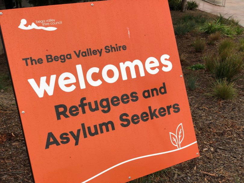 One of the Bega Valley's 'Welcome Refugee' signs. Photo: Ian Campbell.