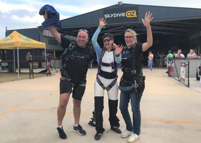Skydive Oz owner Paul Smith, with Shana Harris Instructor and event co-ordinator for SkydiveOz and Eurobodalla Mayor Liz Innes prior to their jump. Photo: Alex Rea.