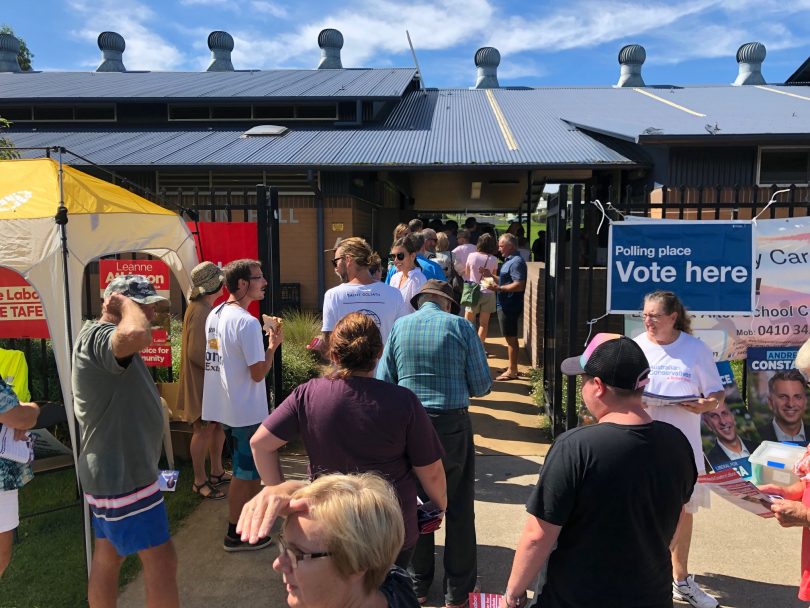 Lunchtime voters at Merimbula Public School faced a wait to cast their vote. Photo: Ian Campbell.