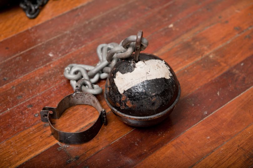 In the absence of high-security buildings, and particularly while travelling, early convicts were chained together and wore heavy balls like this one to limit the possibility of escape. Picture: