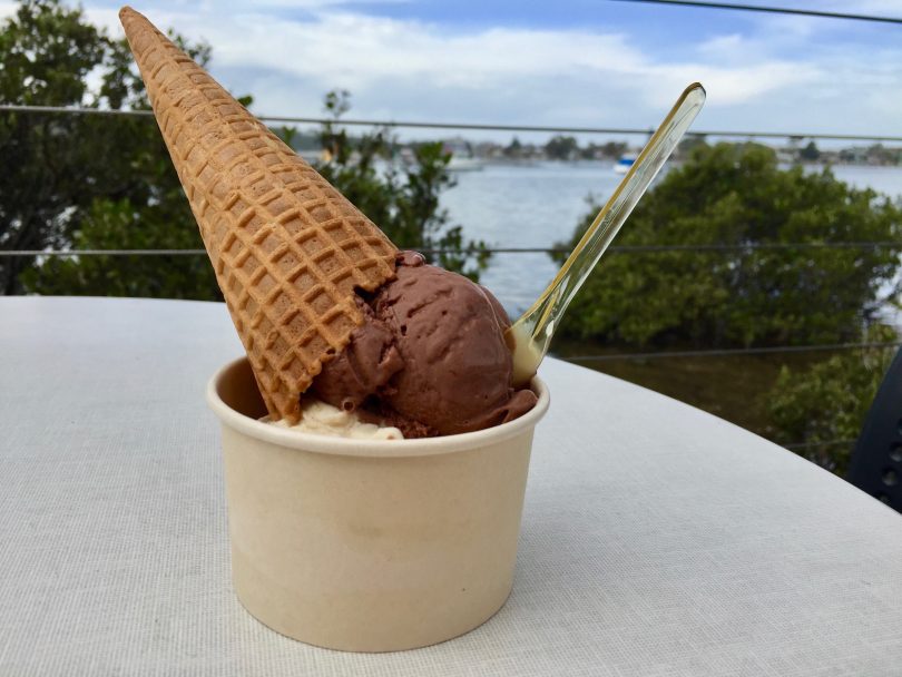 Rich chocolate gelato with a view over the Merimbula Lake at the Boardwalk Cafe. Photo Lisa Herbert