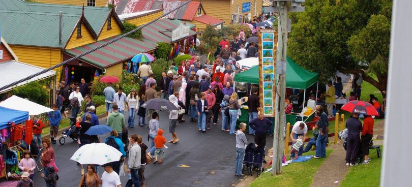 Bate Street is filled with an eclectic mix of food and market stalls along with roving entertainers. Photo: Tilba Easter Festoval website.