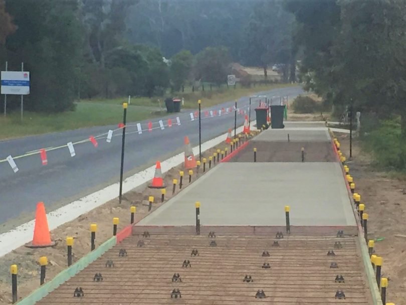 The concrete is drying on this section of the Kalaru-Tathra shared path. Photo: Bega-Tathra Safe Ride Facebook Page. 