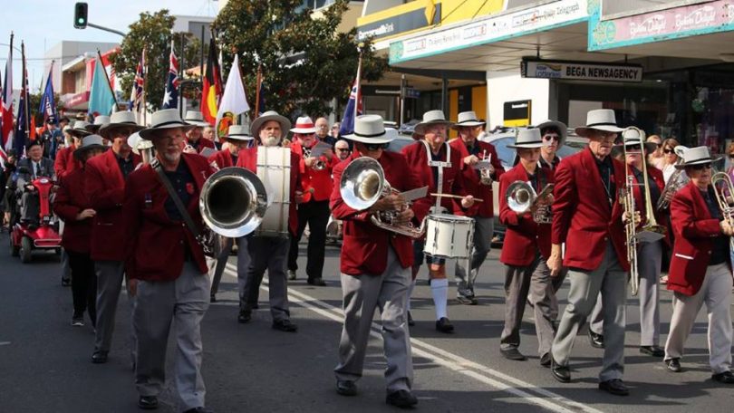 Bega District Band set the pace in the AnzacDay march. Photo: Bega District Band Facebook.