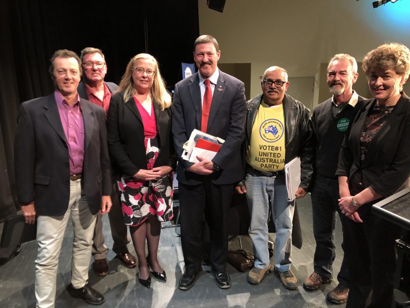 Independent – James Holgate, Independent – David Sheldon, The Nationals – Sophie Wade,Labor's – Mike Kelly, United Australia Party - Chandra Singh, The Greens – Pat McGinlay, Liberal – Fiona Kotvojs. Photo: Ian Campbell.