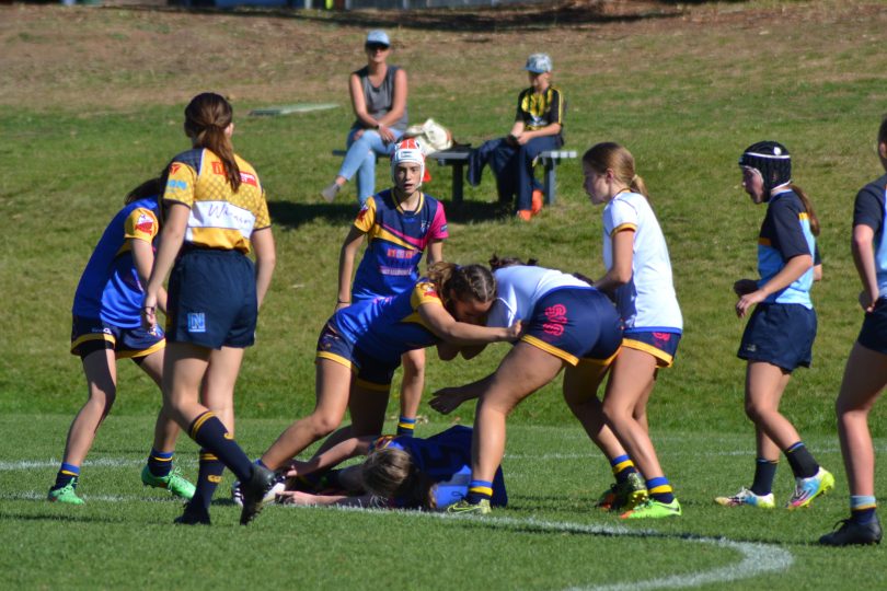 Teammate against teammate - Red Falcons from Bega, Jess Howarth and Abby Christison went head to head, with Abby on loan to Canberra Grammar. Photo: Falcons.