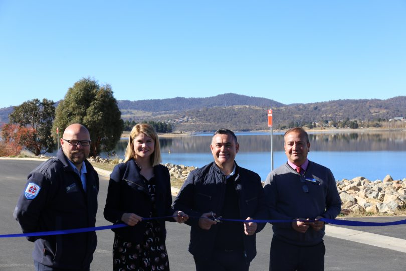 Roads and Maritime Services - Adam Russell, Snowy Hydro - Stephanie McKew, Member for Monaro - John Barilaro and Snowy Monaro Regional Council - Suneil Adhikari cutting the ribbon at the upgraded Jindabyne boat boat ramp. Photo: Supplied.