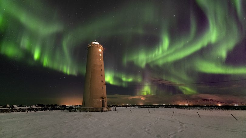 Reykjavik's Grotta lighthouse under Aurora Borealis. Photo: Peter Hannan