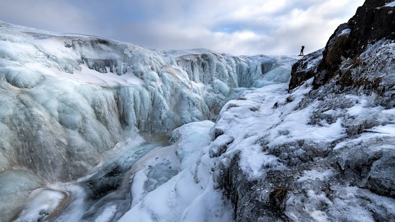 The frozen waterfall Kolufossar in Western Iceland. Photo: Peter Hannan