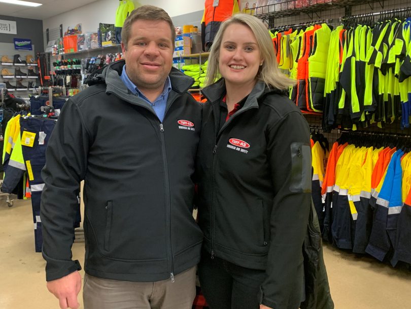 Jason Heffernan, left and Alyce Snell have taken on ownership of Tuff-As Workwear in Bega as of April this year. Photo: Supplied. 