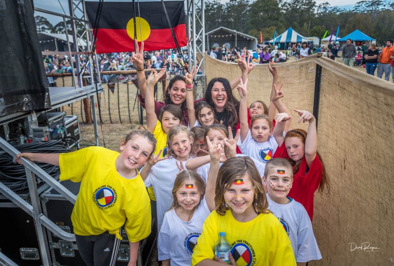 Local Aboriginal singer Chelsy Atkins along with Corinne Gibbons mentored dozens of school kids and had them singing proudly. Photo: David Rogers