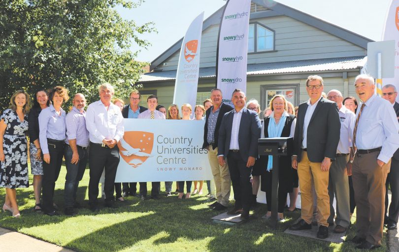 John Barilaro (front right) announcing $8 million for CUC in Cooma last February, Duncan Taylor (centre left). Photo: CUC Facebok.