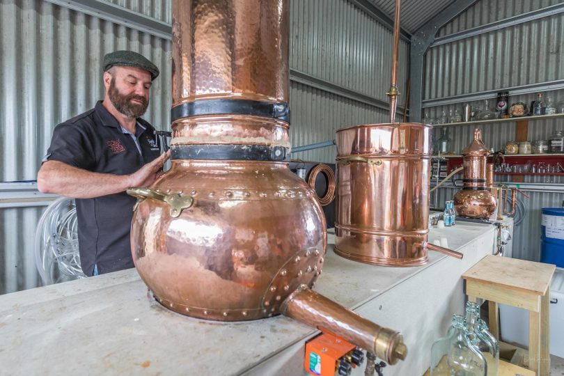 Gavin seals his beautiful alembic copper still with a paste of rye flour. Photo: Dave Rogers