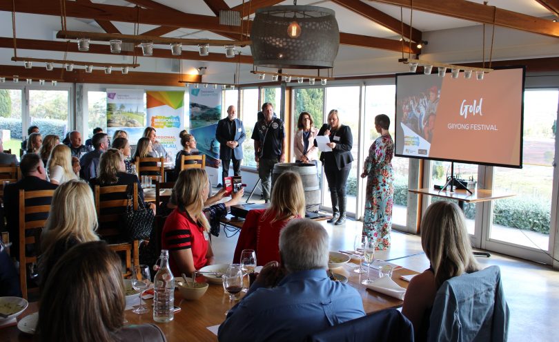 Alison Simpson from Twofold Aboriginal Corporations accepting the awards at Cuppit winery and restaurant. Photo: Ian Campbell.