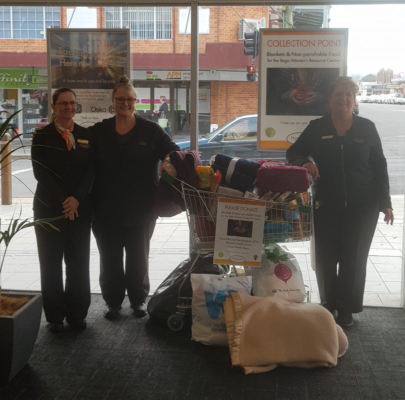 Staff of Horizon Bega with their trolley of donations. Photo: Jane Hughes