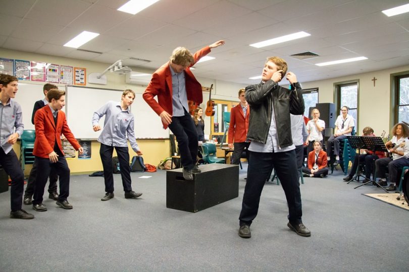 In rehearsals for 'Grease JR'. Photo: Cast and crew of 'Grease JR' at Lumen Christi Catholic College, Pambula. Photo: Lumen Christi Catholic College.