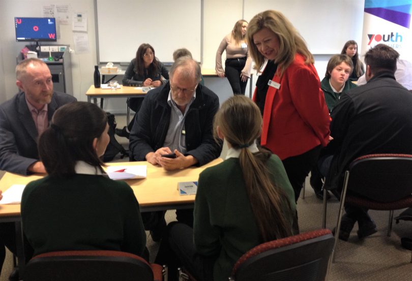 Sapphire Coast Anglican College principal Tracey Gray chatted with some of her students after they made their pitch. Photo: Elka Wood. 