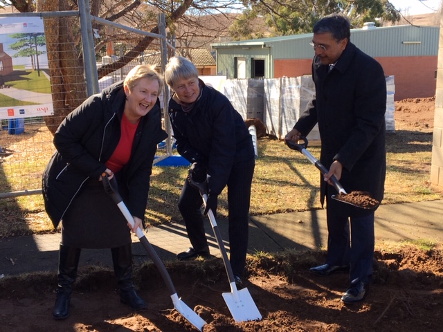 Professor Michelle Lincoln, Professor Imogen Mitchell and Professor Deep Saini turn the first sod on the joint ANU - UC facility in Cooma. Photo: Supplied.