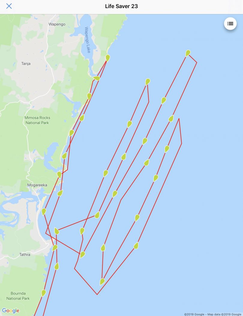 The search pattern of the Westpac Lifesaver Helicopter, Aug 15. Photo: Twitter @SLSNSW.